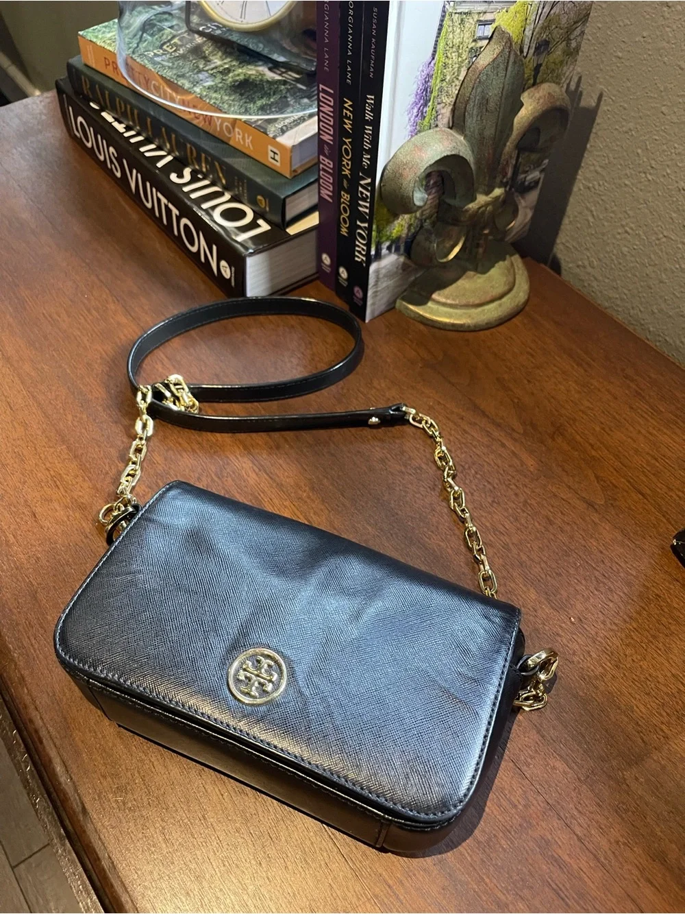 Tory Burch Black Leather Crossbody with Gold Chain Accent